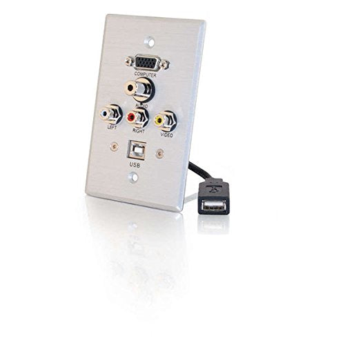 C2G 40543 VGA, 3.5mm Audio, Composite Video, RCA Stereo Audio and USB Pass Through Single Gang Wall Plate, Brushed Aluminum