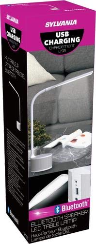 Sylvania LED Table Lamp with Bluetooth Speaker and USB Output Charging, 3 Different Color Light Mode, Touch Sensor Technology, White