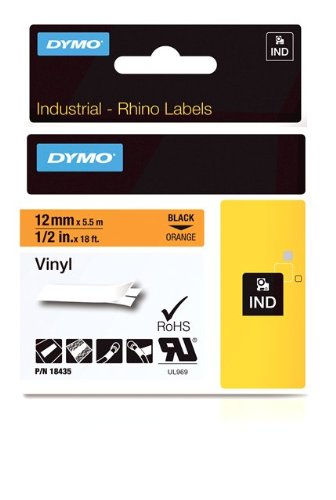 DYMO Industrial Labels for DYMO Industrial Rhino Label Makers, Black on Orange, 1/2