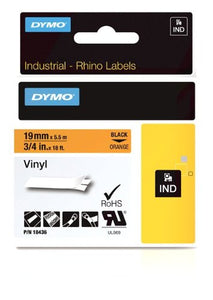 DYMO RhinoPRO Labeller Tape, Vinyl Tape Cassette 3/4" x 18', Box of 1, Black on Orange (18436)