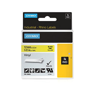DYMO RhinoPRO Labeller Tape, Vinyl Tape Cassette 1/2" x 18', Box of 1, Black on Yellow (18432)