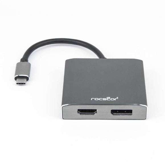 Rocstor Y10A202-A1 Premium USB-C to DisplayPort & HDMI Dual Port Adapter - DisplayPort 4K @60Hz, HDMI 4K@30Hz - USB Type - 2-Port MST Adapter, Aluminum Charcoal Grey