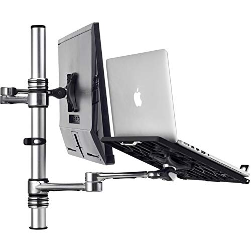 ATDEC Laptop & Display Monitor Desk/Table Combo Mount, Dual Arms, VESA, Adjustable, Clamp or Bolt Through, Ergonomic, Silver Aluminum(Af-at-NBC-P)