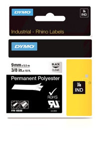 DYMO RhinoPRO Labeller Tape, Permanent Polyester Tape Cassette 3/8" X 18', Box of 1, Black on Clear (18508DMO)