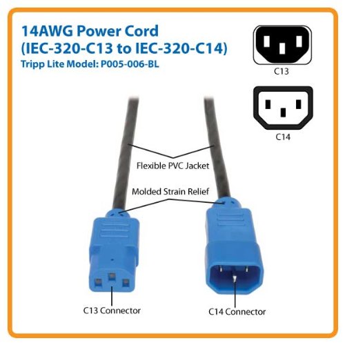 Heavy-Duty Power Extension Cord 15a, 14awg (Iec-320-C14 to Iec-320-C13 with Blue