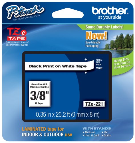 Brother TZE221CA P-Touch TZ Tape, 3/8-Inch for Use on All TZ Machines, 1-Pack (Black on White)
