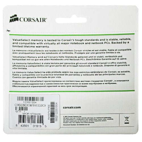 Corsair RAM 8GB DDR3-1333MHz SODIMM PC3-10600 1.5v CL9 204-Pin Laptop Memory