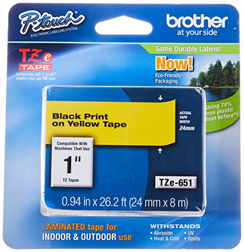 Brother TZe651 Laminated Black on Yellow Tape, 24mm, Retail Packaging