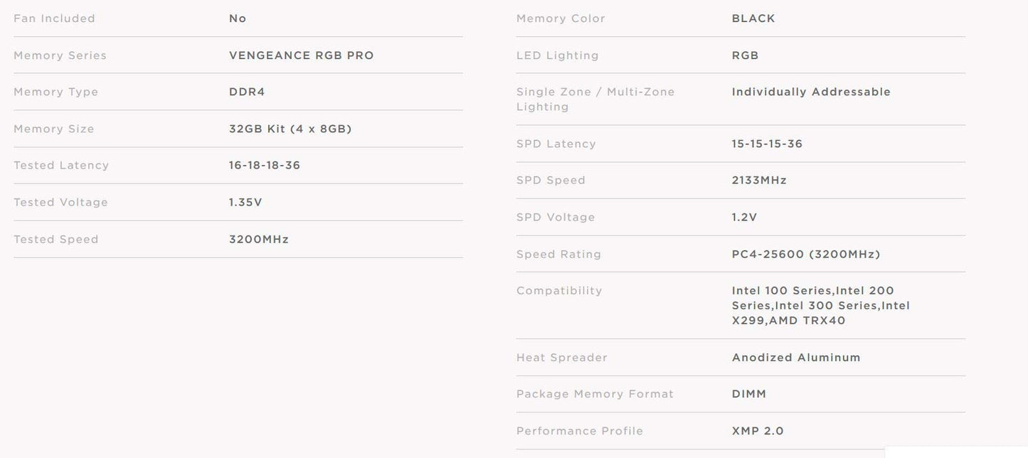Corsair Vengeance RGB Pro 32GB (2x16GB) DDR4 3200 (PC4-25600) C16 AMD Optimized Memory - Black