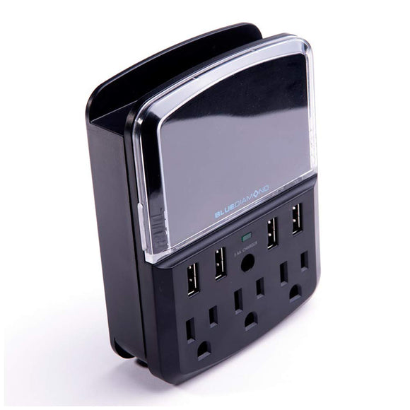 Bluediamond 3 Outlets and 4 USB Ports Surge Protector Wall Mount Charging Station - 540 Joules / 3.4Amps - Phone Holder Integrated