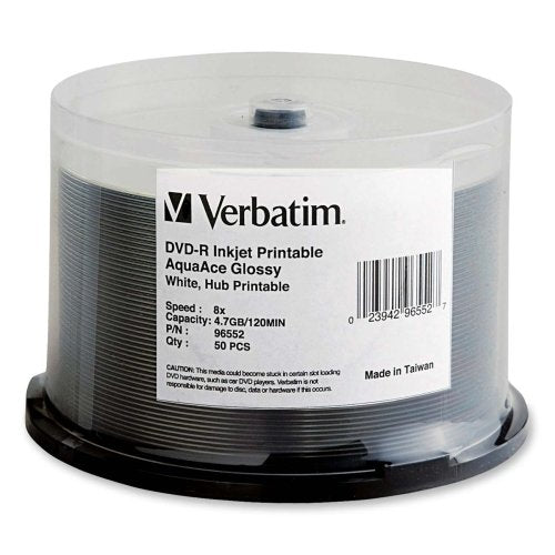 VERBATIM - AquaAce Glossy White Inkjet Printable, Hub Printable 50pk Spindle - DVD-R - 4.7