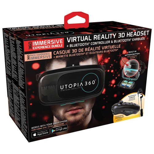 Emerge Tech EUVRC Utopia 360Degree Virtual Realty Headset with Bluetooth Controller Earbuds & Carrying Bag Bundle, Black