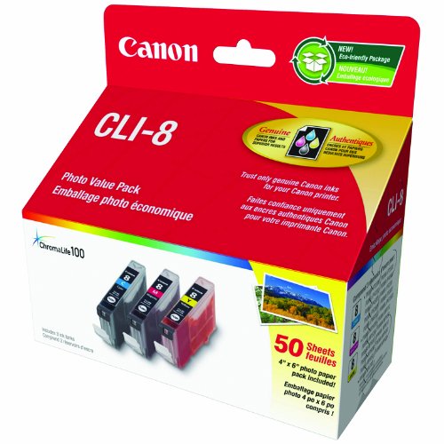 Genuine Canon CLI-8 Three Ink Tank Photo Value Pack, Cyan, Magenta, Yellow and 50 sheets Photo Paper