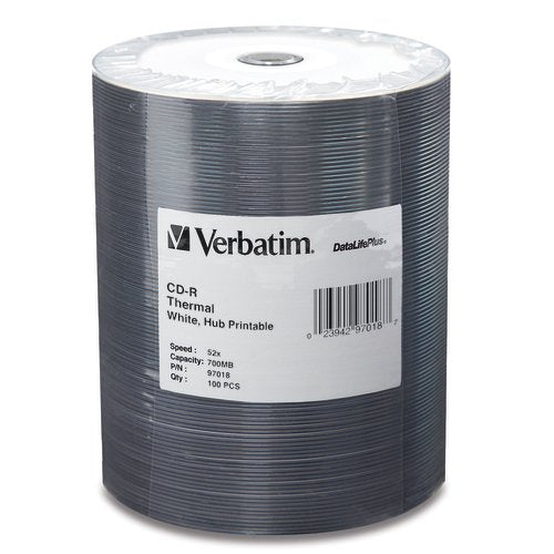 Verbatim 97018 700 MB 52x DataLifePlus White Thermal Hub Printable Recordable Disc CD-R, 100-Disc Tape Wrap (Discontinued by Manufacturer)