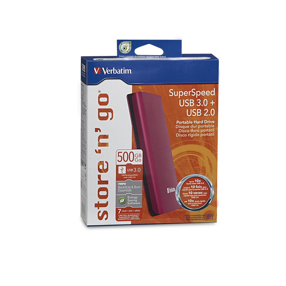 Verbatim 500 GB Store 'n' Go Portable Hard Drive, USB 3.0, Pink 97656