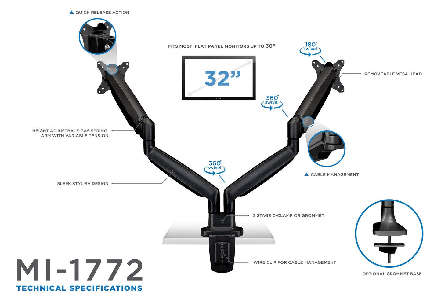 Mount-It! Dual Monitor Stand | Height Adjustable Dual Monitor Desk Mount | Mount Computer Monitors up to 32 Inches | VESA Mount 75x75 and 100x100, 20 Lb Capacity Each Arm, Black (MI-1772B)
