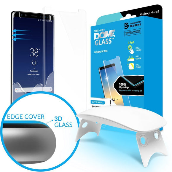 Galaxy Note 8 Screen Protector Tempered Glass Shield, [Liquid Dispersion Tech] 3D Curved Full Coverage Dome Glass, Easy Install Kit and UV Light by Whitestone for Samsung Galaxy Note 8 (2017) (1 Pack)