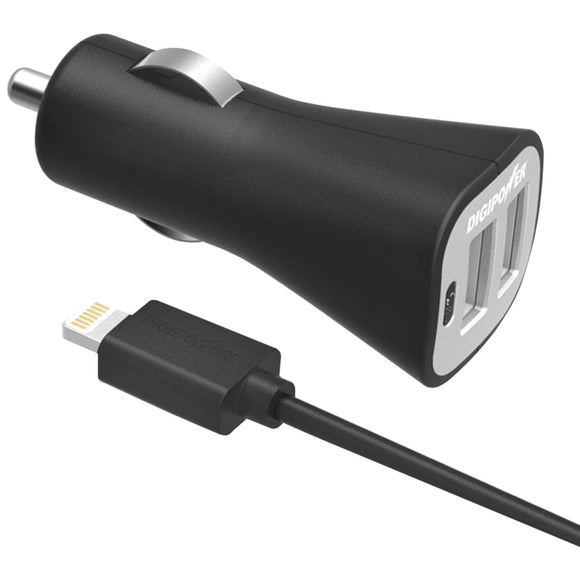 DIGIPOWER Instasense 3.4 Amp Dual USB Car Charger with 5-Feet Lightning Cable Retail Packaging