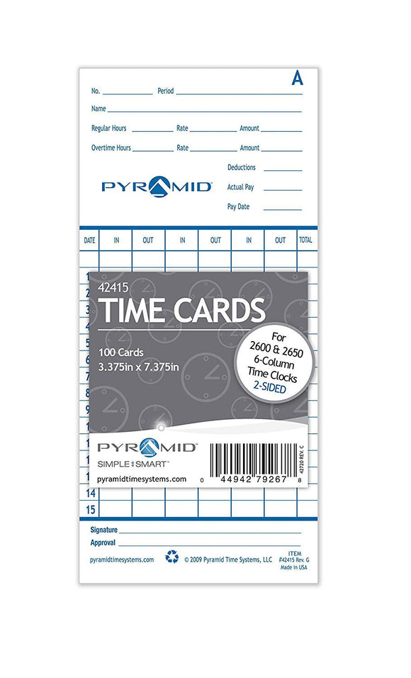 Pyramid42415 Genuine Time Cards for 2600 & 2650 Auto Aligning Time Clocks, 100/Pk