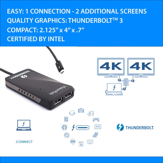 VisionTek Dual 4K Monitor Adapter, Thunderbolt 3 to Dual DisplayPort, MacOS and Windows Compatible, Powered by Intel Thunderbolt 3 Technology (NOT Compatible USB-C) Black - 901148