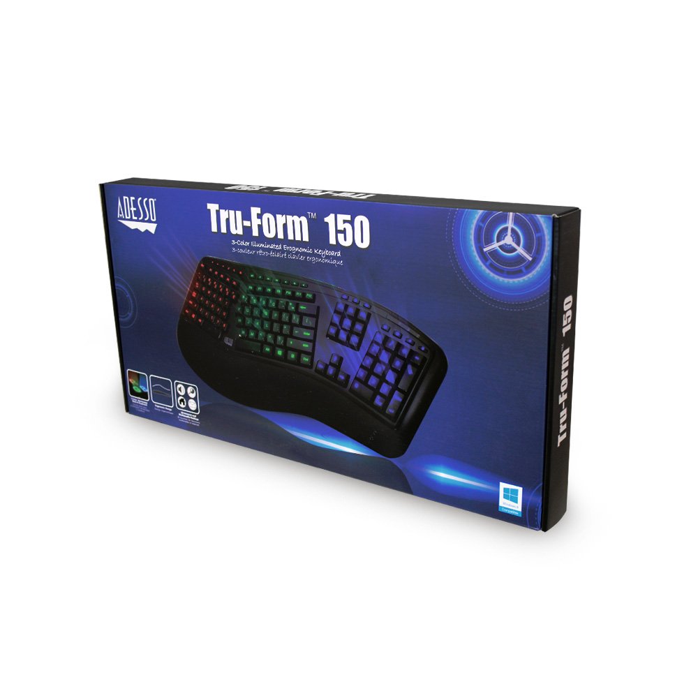 Adesso AKB-150EB - 3-Color Illuminated Backlit Large Print Ergonomic Keyboard, Wired, Multimedia Hotkeys, Split Keys Design, Built-in Palm Rest for Comfort - Compatible for PC & Windows XP/7/8/10