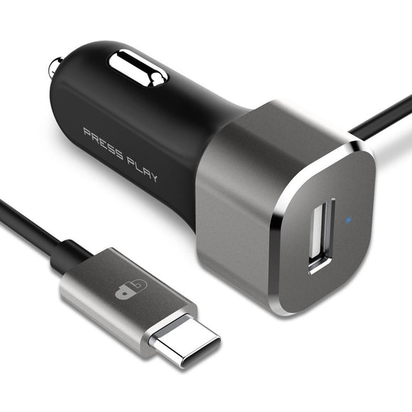 Press Play Single-Port Fixed Cable USB-c Car Charger - Black