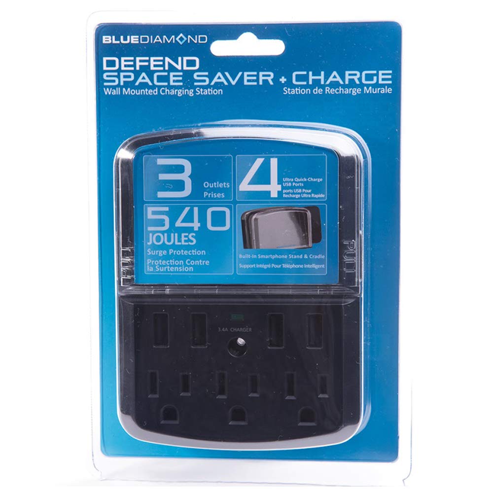 Bluediamond 3 Outlets and 4 USB Ports Surge Protector Wall Mount Charging Station - 540 Joules / 3.4Amps - Phone Holder Integrated