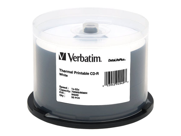 Verbatim 700MB 52x DataLifePlus White Thermal Printable Recordable Disc CD-R, 50-Disc Spindle 94949