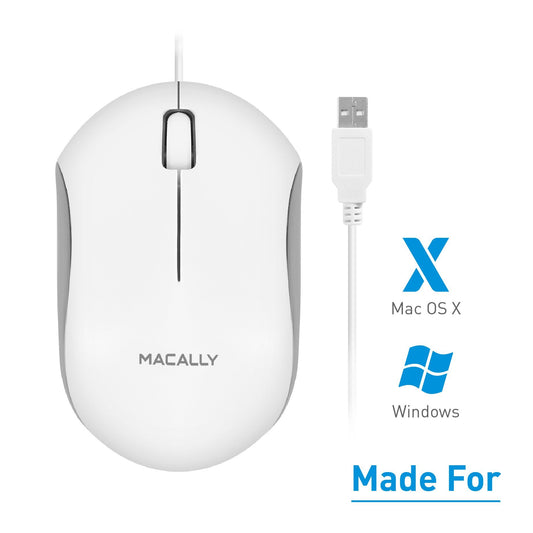 Macally USB Wired Computer Mouse - 3 Button, Scroll Wheel, 5 Foot Long Cord, Windows PC Compatible, Apple MacBook Pro/Air, iMac, Mac Mini, Laptops - White (QMOUSE)