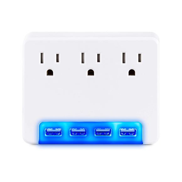 CyberPower P3WU Blue Lighted Power Wall Tap, 3 Outlets, 4 USB Charge Ports