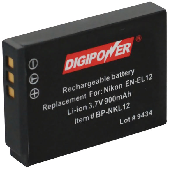 Digipower BP-NKL12 Replacement Li-Ion Battery for Nikon EN-EL12 for use with Coolpix S1000pj, S1100pj, S6000, S610, S620, S630, S640, S70, S710, S8000, and S8100 Digital Cameras