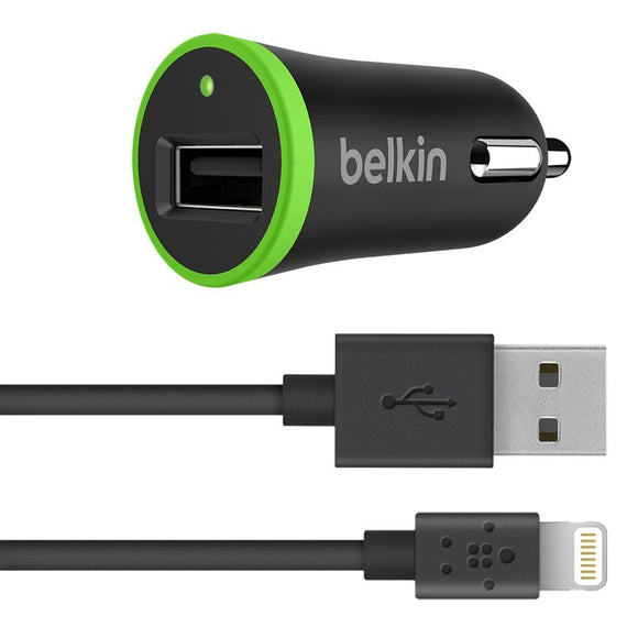 Belkin Boost Up Lightning Car Charger with 4' ChargeSync Cable (12 Watt/2.4 Amp)(F8J121bt04-BLK), Black and Green