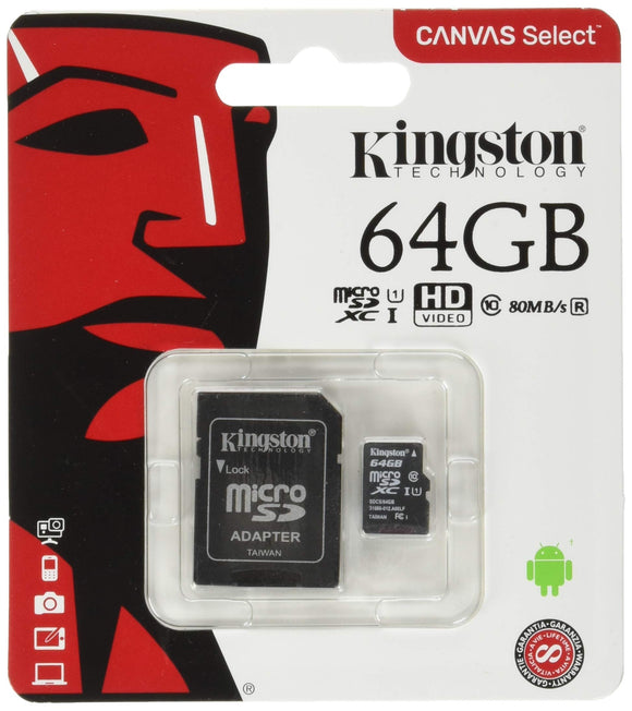 Kingston 64GB microSDXC Canvas Select 80R CL10 UHS-I Card+Adptr