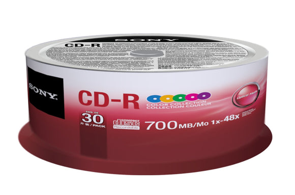 Sony 30CDQ80XP CD-R 48X 80 min/700MB Color Spindle Compact Disc, 30-Pack