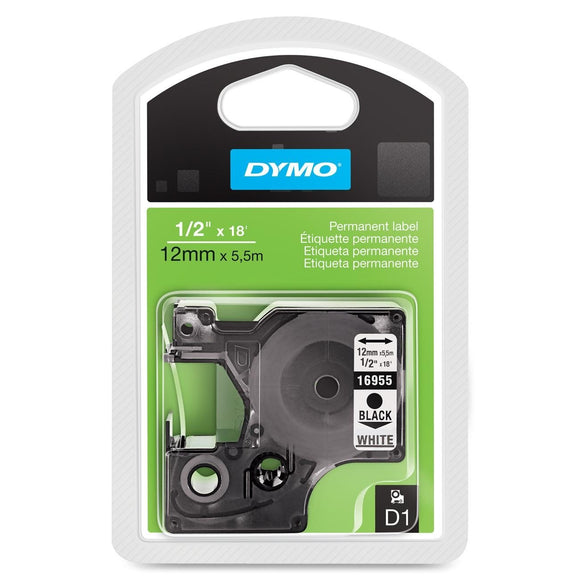 Dymo Model 16955 Black-On-White Permanent Plastic Tape, 1/2in. x 18ft.(16955)