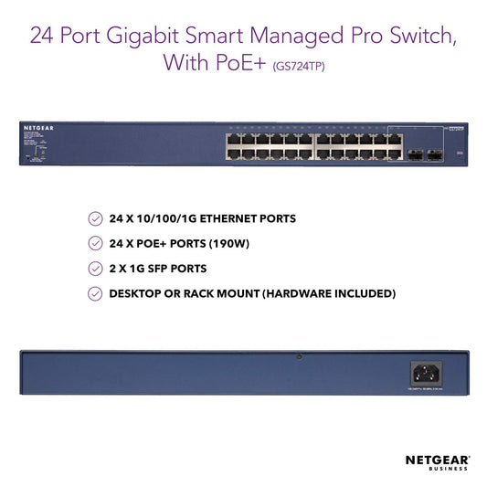 NETGEAR 24-Port Gigabit Ethernet Smart Managed Pro PoE Switch (GS724TP) - with 24 x PoE+ @ 190W, 2 x 1G SFP, Desktop/Rackmount, and ProSAFE Limited Lifetime Protection