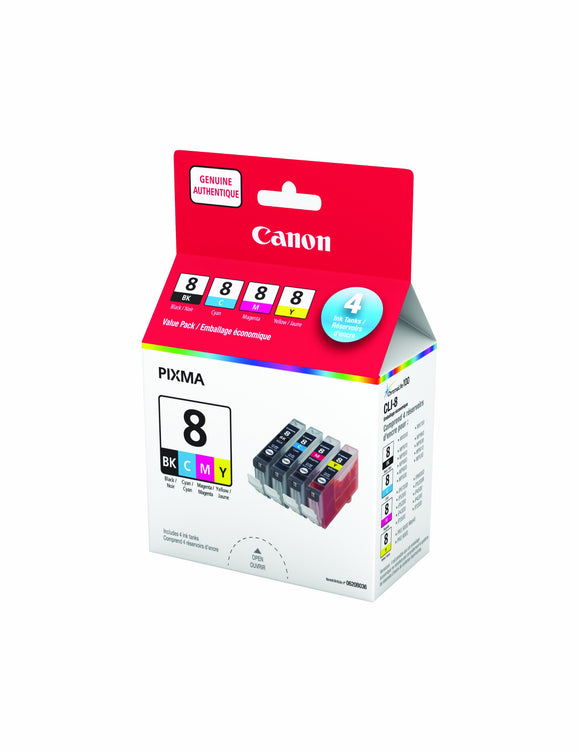Genuine Canon CLI-8 Four Ink Tank Value Pack, Black, Cyan, Magenta & Yellow