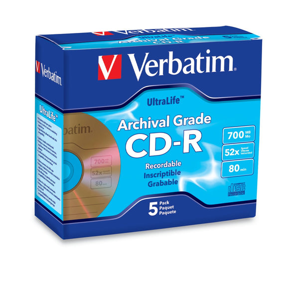 Verbatim CD-R 700MB 52X UltraLife Gold Archival Grade Surface & Hard Coat - 5pk Jewel Case