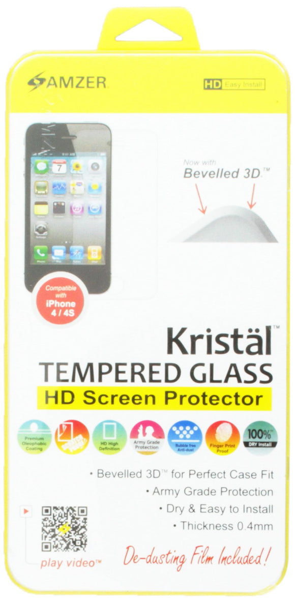 Amzer Kristal Tempered Glass HD Screen Guard Scratch Protector Shield for Apple iPhone 4/4S-Retail Packaging