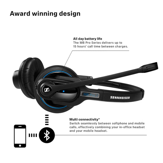 Sennheiser MB Pro 2 (506044) - Dual-Sided, Wireless Bluetooth Headset | for Mobile Phone Connection | w/HD Sound & Noise Cancelling Microphone (Black)