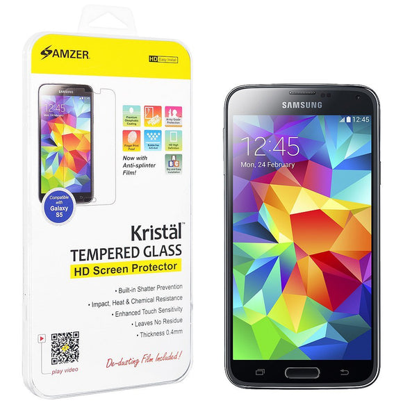 Amzer Kristal Tempered Glass Screen Protector Scratch Guard Shield with Cleaning Cloth for Samsung Galaxy S5 - Retail Packaging