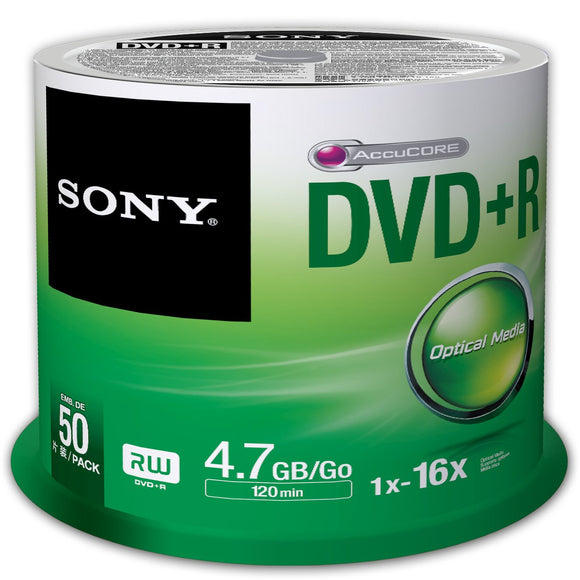 Sony 50DPR47SP 16x DVD+R 4.7GB Recordable DVD Media - 50 Pack Spindle