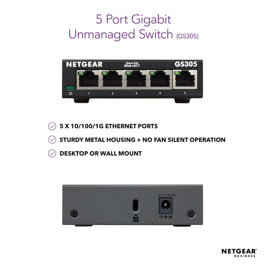 NETGEAR 5-Port Gigabit Ethernet Unmanaged Switch (GS305) - Desktop, Sturdy Metal Fanless Housing