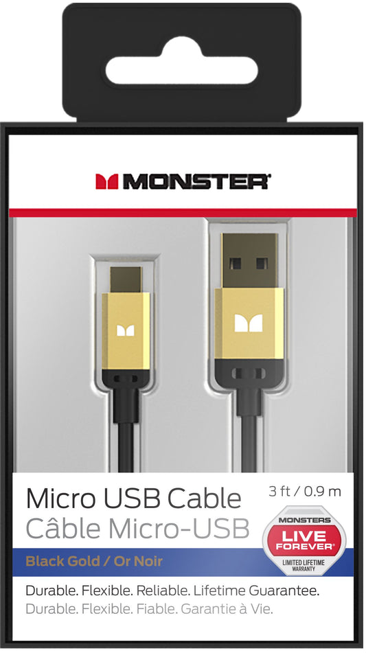 Monster Mobile High Performance Data USB Black/Gold: Type-A 2.0 to Micro USB-B Cable- 3 Feet for Smartphones