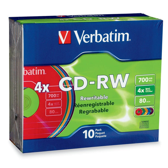 Verbatim CD-RW 700MB 2X-4X DataLifePlus with Color Surface and Matching Case - 10pk Slim Case, Assorted