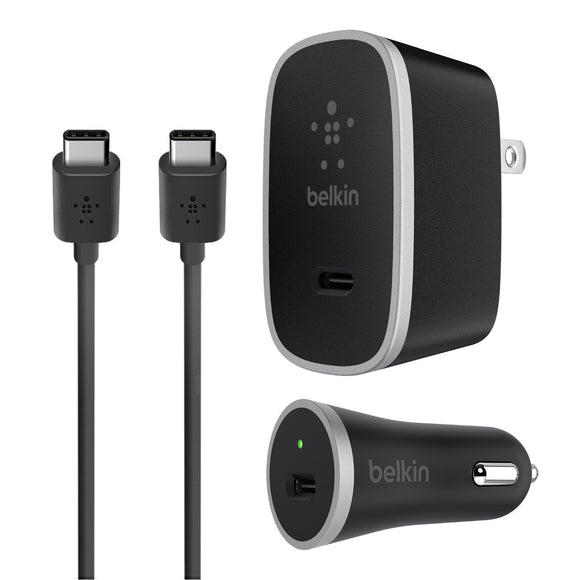 Belkin USB-C Car and Wall Rapid Charging Kit + 1 Meter C-C Cable for Many Many Devices That Support Type-C - Retail Packaging