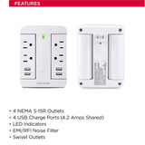 CyberPower P4WSU Professional Surge Protector, 900J/125V, 4 Swivel Outlets, 4 USB-A Charge Ports, White Wall Tap