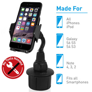 Macally Adjustable Automobile Cup Holder Phone Mount for iPhone Xs XS Max XR X 8 8+ 7 7 Plus 6s Plus 6s SE Samsung Galaxy S10 S10E S9 S9+ S8 S7 Edge S6 Note 5, Xperia, iPod, Smartphone, GPS (MCUPMP)