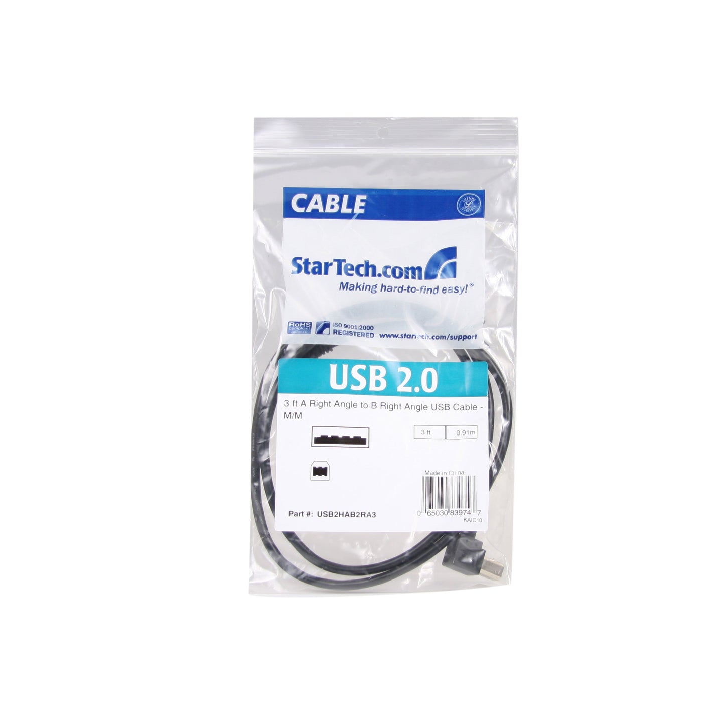 Startech.Com USB2HAB2RA3 A Right Angle to B Right Angle Usb Cable-M/M, 3-Feet