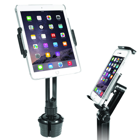 Macally 2-in-1 Heavy-Duty Car Cup Holder Mount - Works with Tablets and Phones - Apple Ipad Pro 10.5 9.7 Air Mini, Samsung Galaxy Tab, iPhone Xs Max XR X Any Mobile Device Up to 8